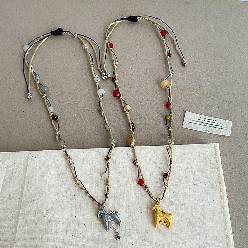 Minar Cartoon Colorful Natural Stone Pony Pendant Necklace Woven Rope Horse Collarbone Double Layers Metallic Chain Choker