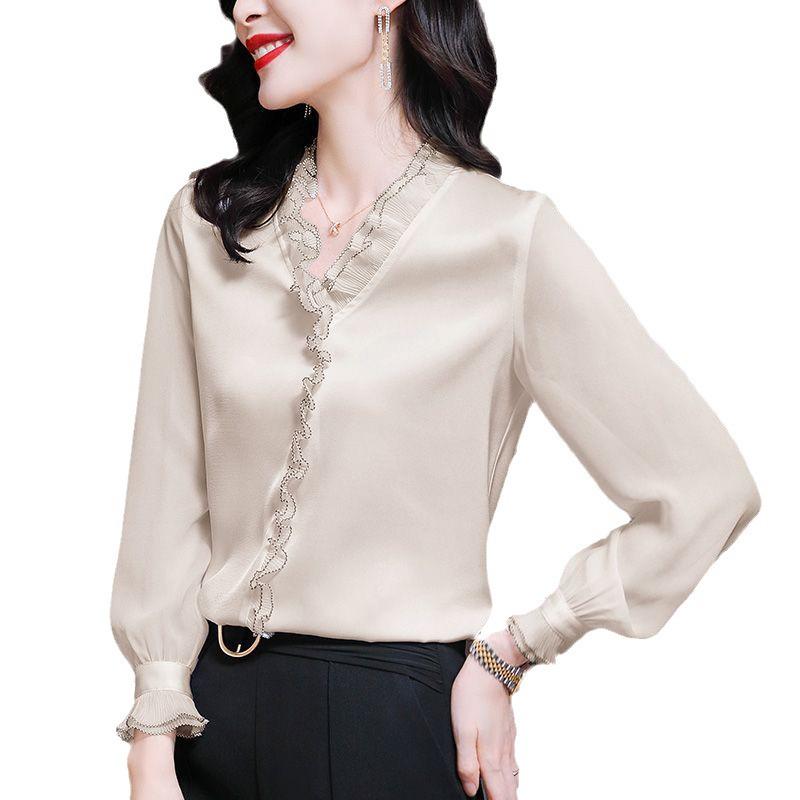 2024 Spring/Autumn Women's Chic Long Sleeve Ruffle Blouse - French Style Chiffon Top