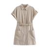 2024 New Arrival Fashion Silm Lapel Curling Short Sleeve Linen Blended Mini Shirt Dress 0387059