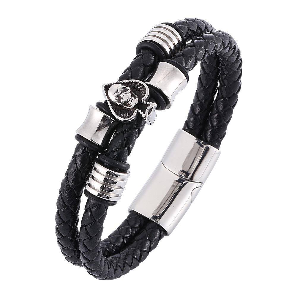 European & American Men's Woven Leather & Stainless Steel Bracelet