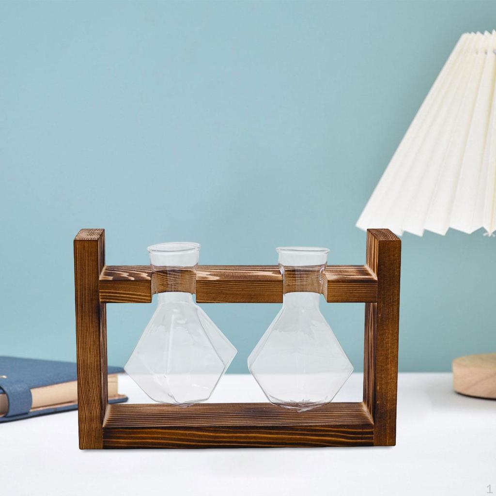 Glass Hydroponics Plant Propagating Station Desktop Vase Wooden Frame Diamond Shaped