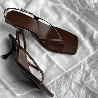 Sandales Rétro à Bout Carré et Bout Ouvert, Talon Chat, Bride Arrière, Marron Uni, Concises, Style Français, Sexy, Mode, Chaussures pour Femmes, Été, Décontractées