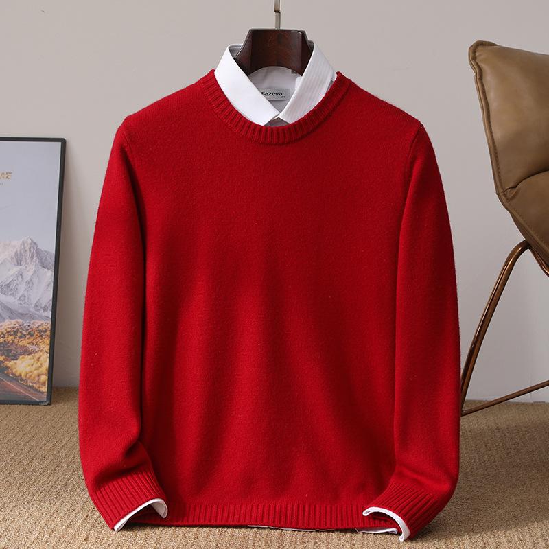 Men's Pure Wool Thickened Winter Pullover - Color Block Round Neck Cashmere Sweater