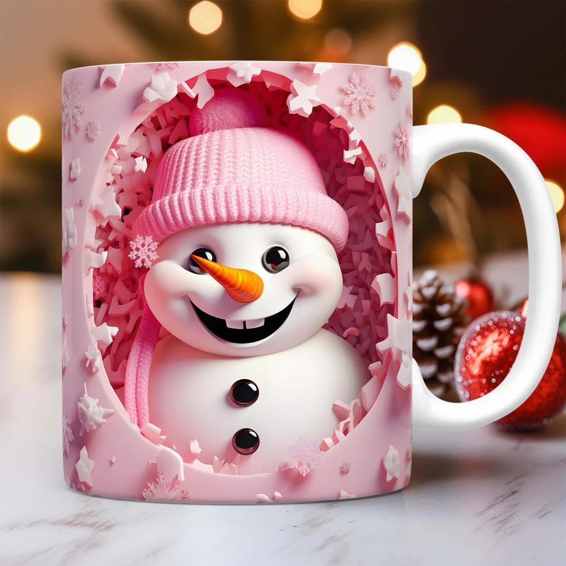 

Christmas Ceramic Cup with Flat Painted Snowman, Novelty Coffee Mug, 3D Snowman Pattern Mug, Milk Tea Lovers Gift Ceramic mug