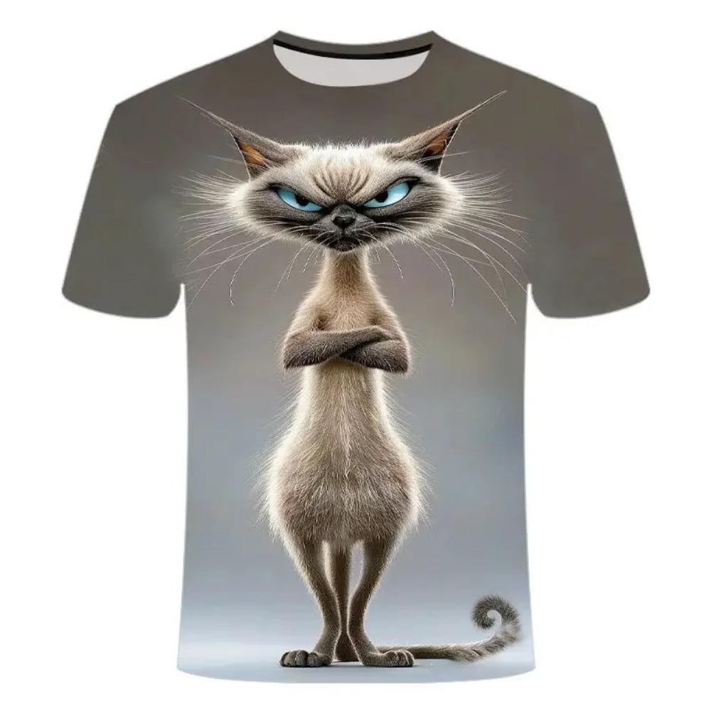 Men's and women's fun cat printed T-shirts, personalized animal 3D printed T-shirts, loose short sleeved T-shirts