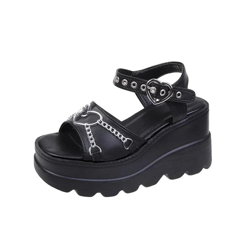 36-43 Plus Size Fashion Slope Heel Women Sandals Metal Chain Decoration Female Buckle Platform Shoes Women's Sandals Tide Shoes