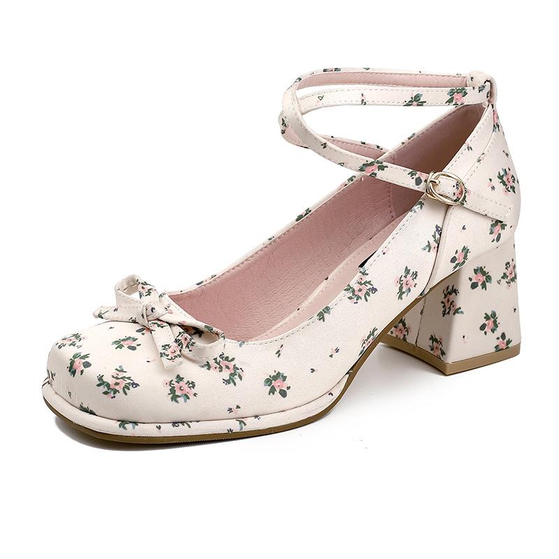 New Thick-soled Thick-heeled High-heeled Single Shoes with Light-mouth Bow Women's Niche Ballet Mary Jane Shoes