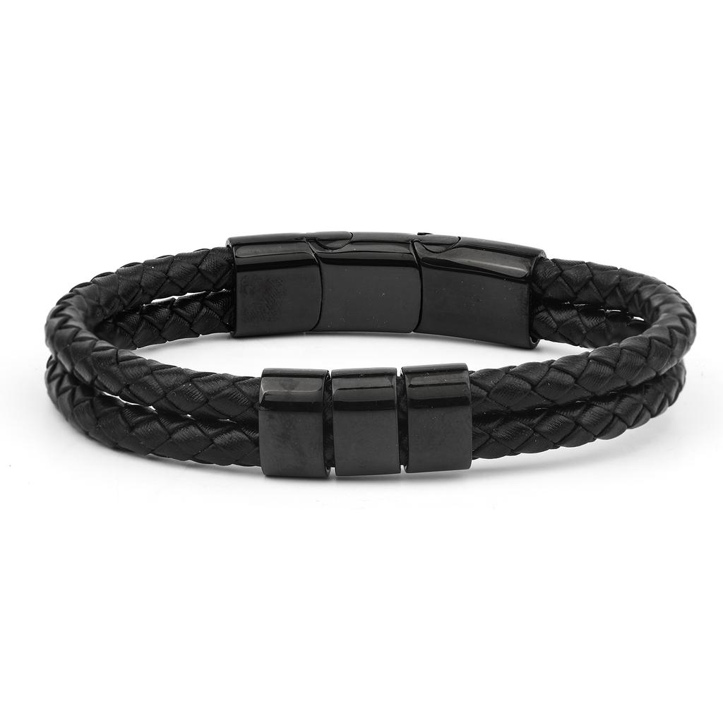 Men's Leather Bracelet Magnetic Tail Buckle Stainless Steel Positioning Ring Engraved Father's Day Gift Double Leather Bracelet