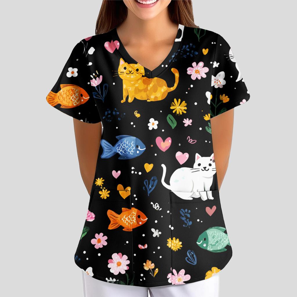 Women's Cartoon Cute Print Loose V-Neck Pocket Short-Sleeve  Uniform