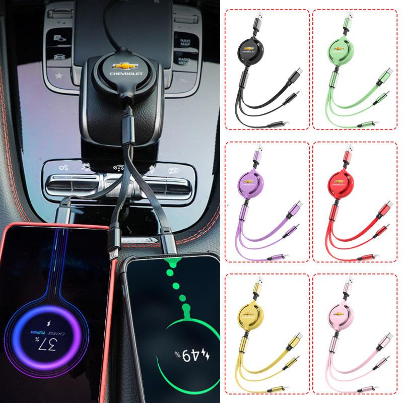 1Pcs 3 in 1 USB Car Charging Cable Retractable Charger Cable For Chevrolet Sail Onix Corsa Aveo Captiva Sonic Spark S10 Tracker Trax Colorado Malibu