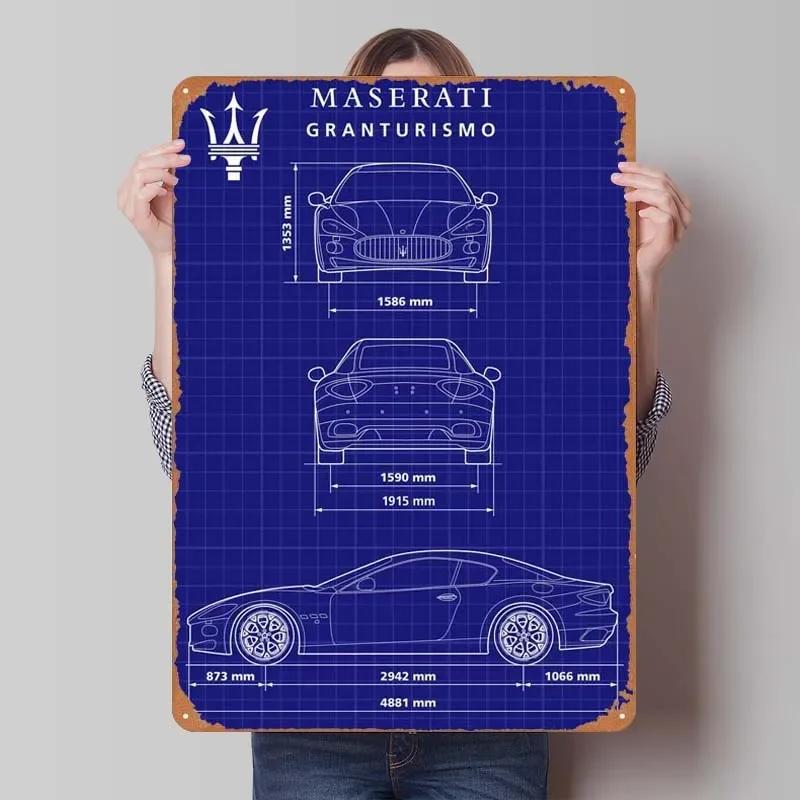 Maserati Plåtskylt Bilar Poster Dekoration för Hemdekorationer Retro Metallskylt Plakett för Garagsväggkonstdekoration Rum