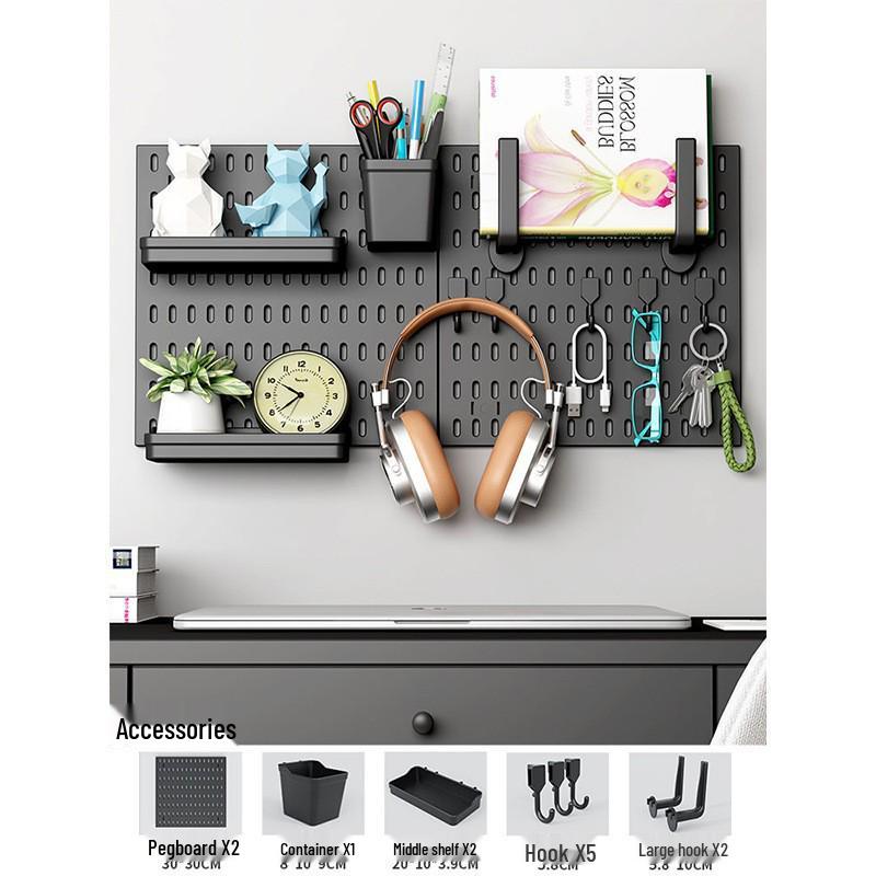 No-Drill Wall-Mounted Pegboard: Customizable Storage Hooks & Baskets Display for Home or Study Room.