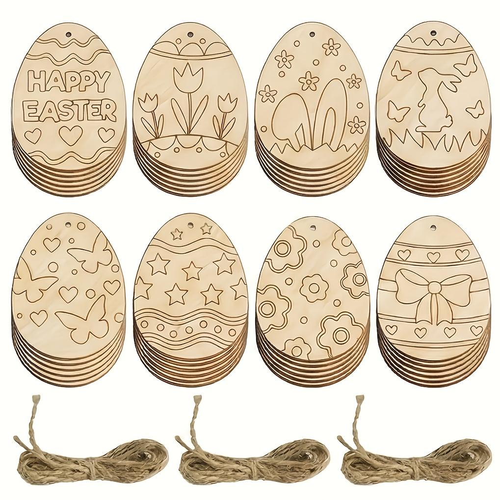 40Pcs Easter Wooden Egg Ornaments, Assorted Blank Wood Slices with Ropes, DIY Crafts Pendant for Spring Home Holiday Party Decor
