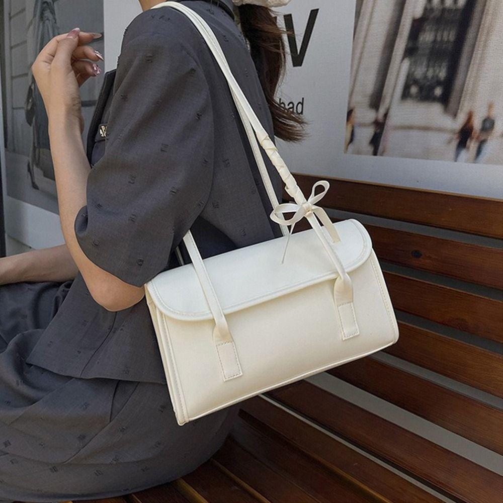 Leisure Large Capacity Underarm Bag Solid Color Women's Handbag Bow Ribbons Shoulder Bag  Daily
