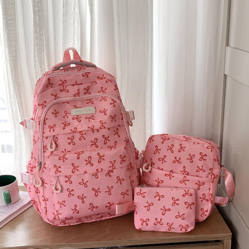 Three-piece Backpack Set Women's School Bag Bow Backpack Large Capacity Lightweight Backpack