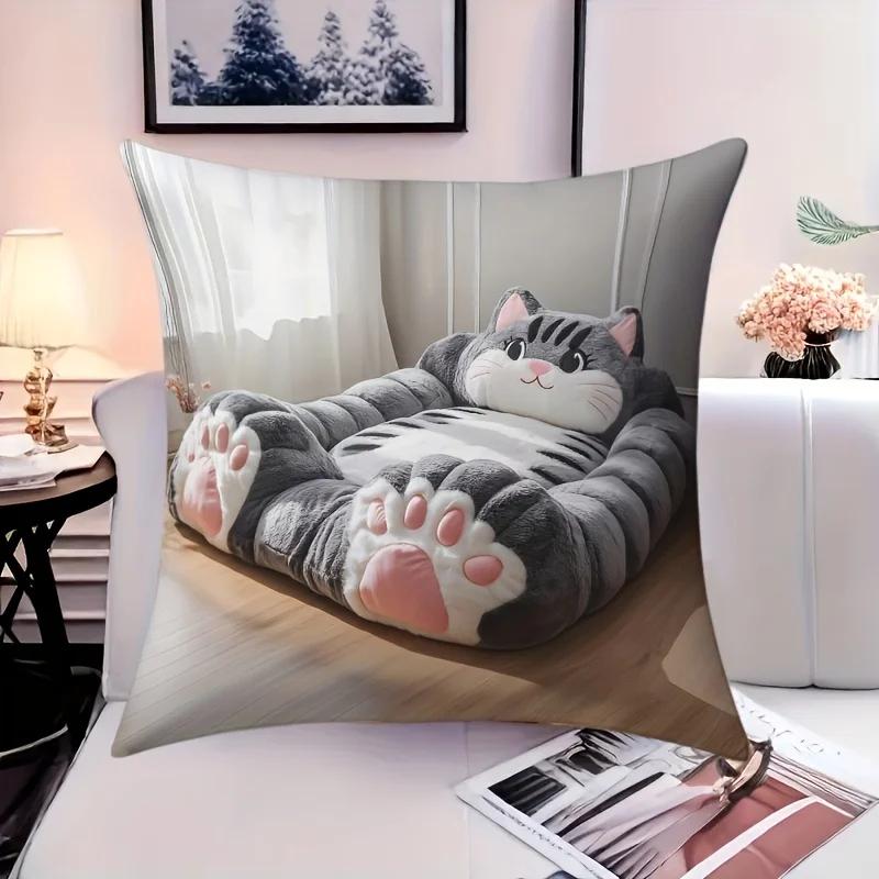 Cute Tabby Cat Pet Bed Pillow Cover 2D Visual Print Adorable Kitten Cushion Case For Sofa Bed Couch Cozy Cat Lover Home Decor
