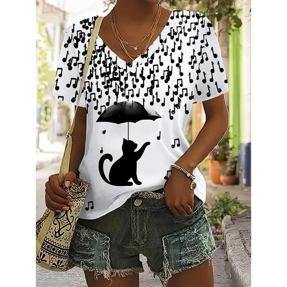Trendy Summer Cartoon Animal Printing Casual Fashion Short Sleeve Street V-neck Women's OverSize Clothing