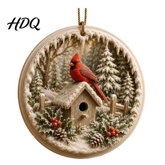 Festive Hanging Decor Acrylic Christmas Red Bird Ornament Snow Scene Pattern Xmas Tree Nature Inspired Seasonal Decorations Decor Retro Round