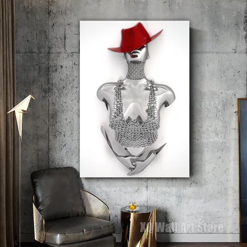 Abstract Croupier Woman With Red Hat Poster Canvas Painting Wall Art Modern Picture For Living Room Home Office Decor Frameless