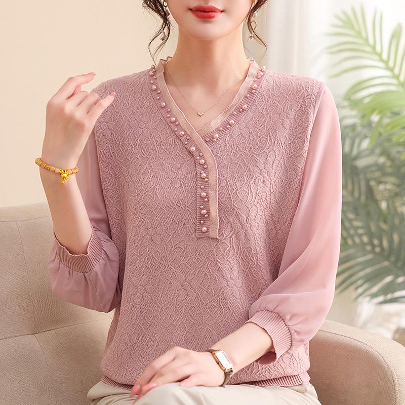 

Mom s Spring Three-Quarter Sleeve Knit Top for Middle-Aged and Elderly Women XL (90-105 jin) рожевий