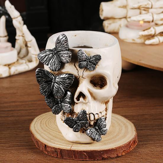 Realistisches Totenkopf-Dekor Gotischer Stifthalter, Gruselige Schmetterlings-Make-up-Pinsel Halloween-Themen-Schreibtisch-Organizer, Schreibtisch-Stiftebecher für Home Office