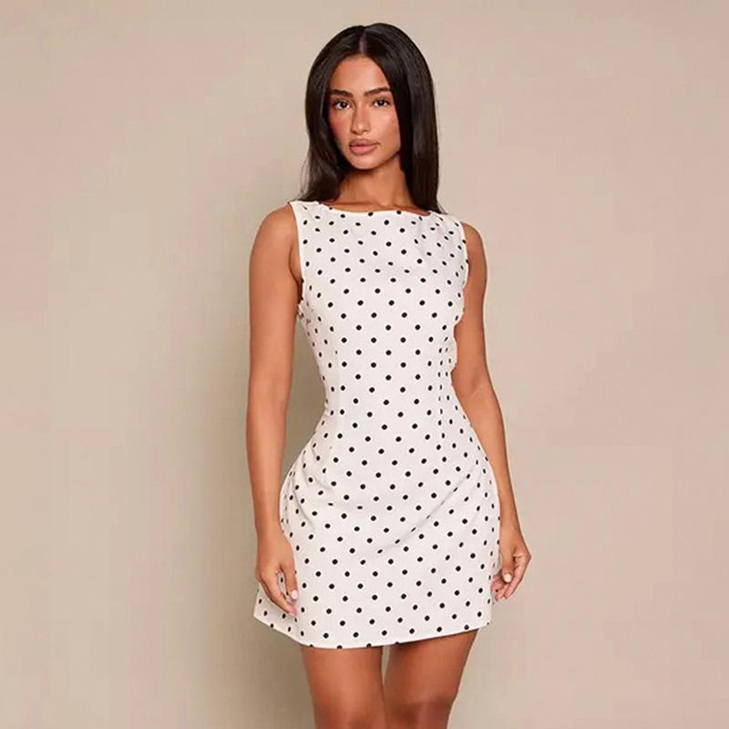 Summer new European and American women's clothing polka dot round neck sleeveless sexy backless zipper hip-wrapped dress women