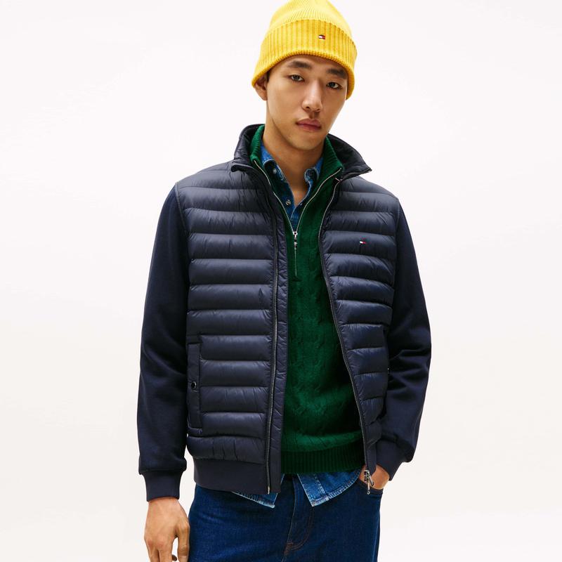 Tommy Hilfiger Quilted Padded Panel Contrast Trim Stand Collar Double Zipper Cardigan Sweatshirt Men Outerwear MW0MW41329