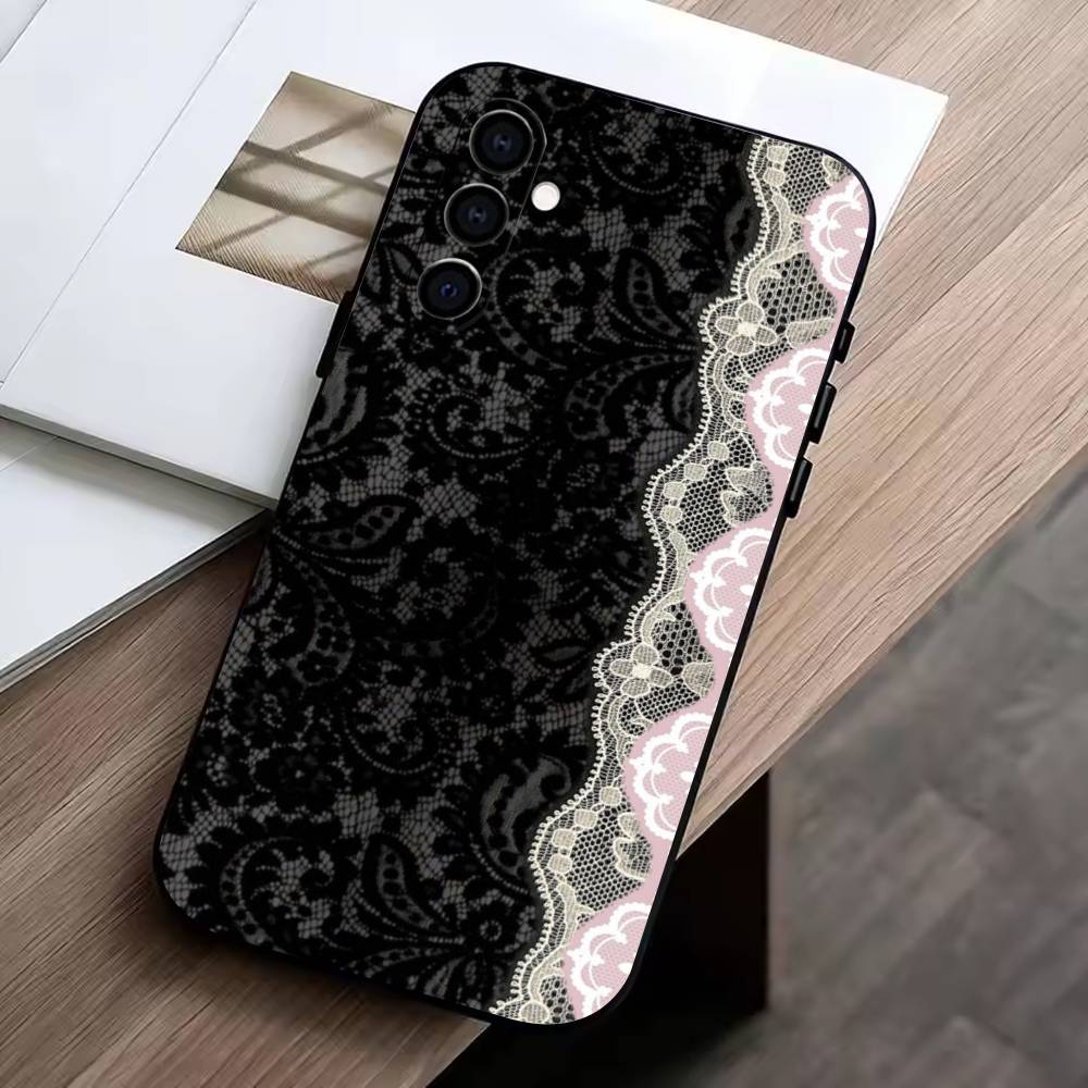 Elegant Black Lace Print Design Phone Case For Samsung Galaxy A73,A72,A71,A70,A53,A52,A51,Others Soft Black Cover