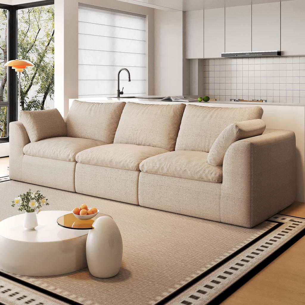 245cm Vacuum Packed Cloud Sofa 3-Seat,Foam Compressed sofa for Living Room,Khaki