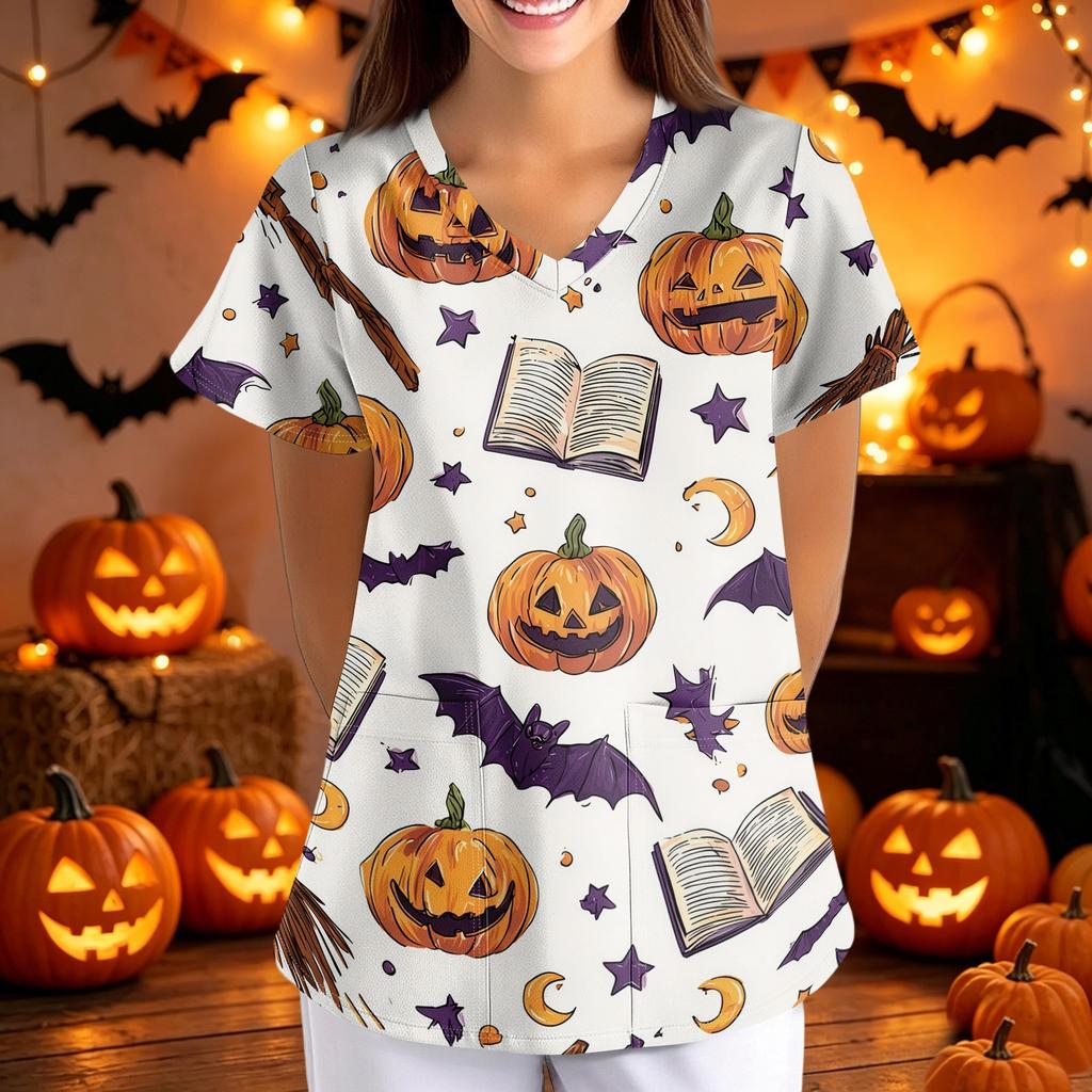 Halloween Print Loose Fit V Neck Short Sleeve Medical Scrub Top with Pockets for Women Nurses Caregivers Workwear
