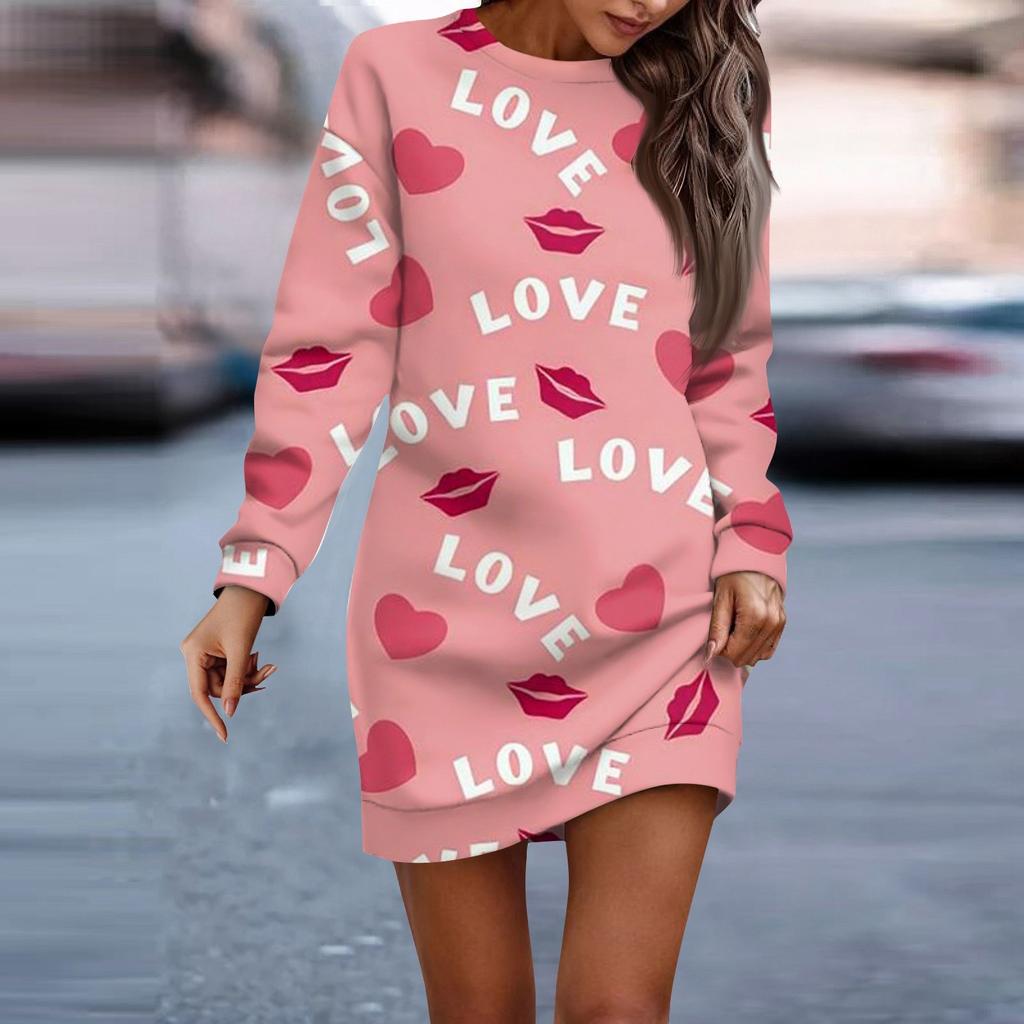 Women's Round Neck Casual Long Sleeved Valentine's Day Fashion Couple Date Dress