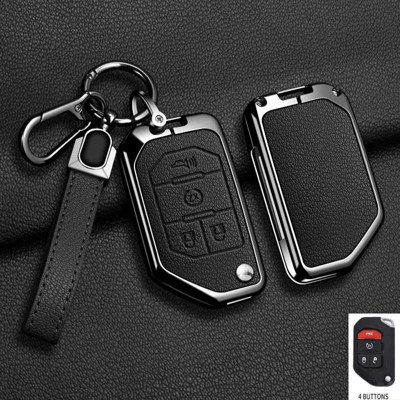 Zinc Alloy Leather Car Key Case Cover for Jeep Wrangler JL JLU Rubicon Gladiator JT Sahara JLU 2018 2019 2020 2021 2022 2023