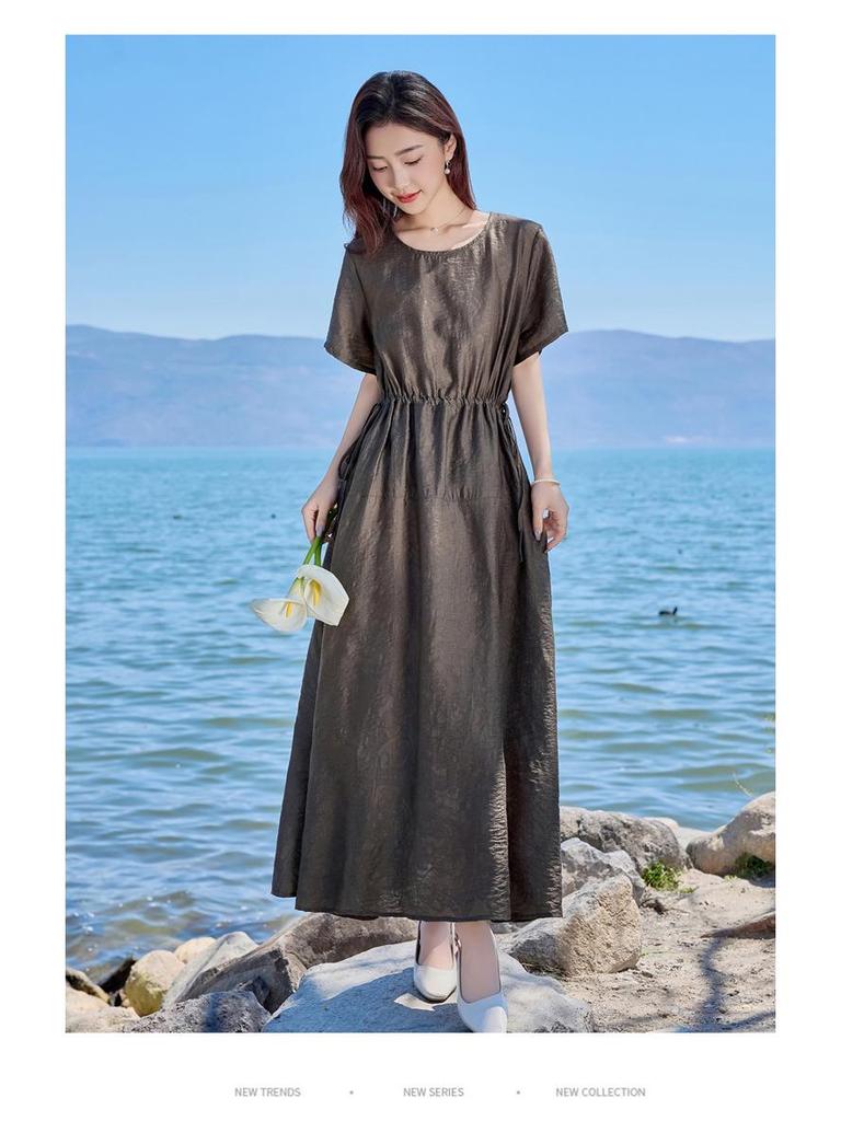 2025 Summer Loose Women's Round Neck Short Sleeve Slimming Long Dress