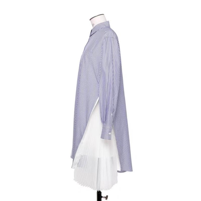 FOG SACAI 2024 Japanese Pleated Side Slit Long Sleeve Striped Shirt Dress