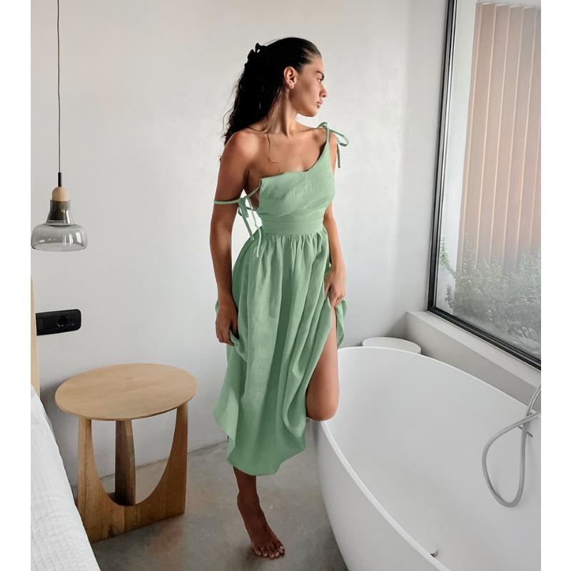 French Khaki Cotton Linen Breathable Halter High Waisted Dress Holiday Style Long Skirt Woman