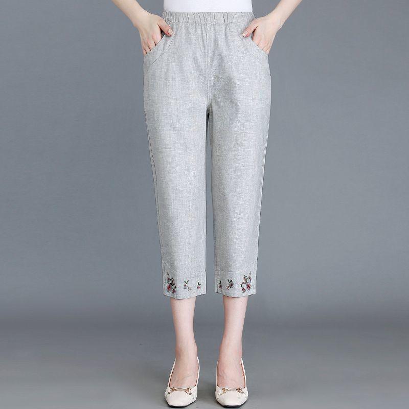 

Women s Mid-Aged & Elderly Linen Embroidered High-Waisted Loose Straight-Leg Pants for Spring/Summer 4XL (146-159 Jin) бежевый