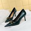 Red White Metal Buckle Wedding Shoes Women  New Patent Leather Shallow High Heels Pumps Fashion Pointy Toe Party Shoes Woman
