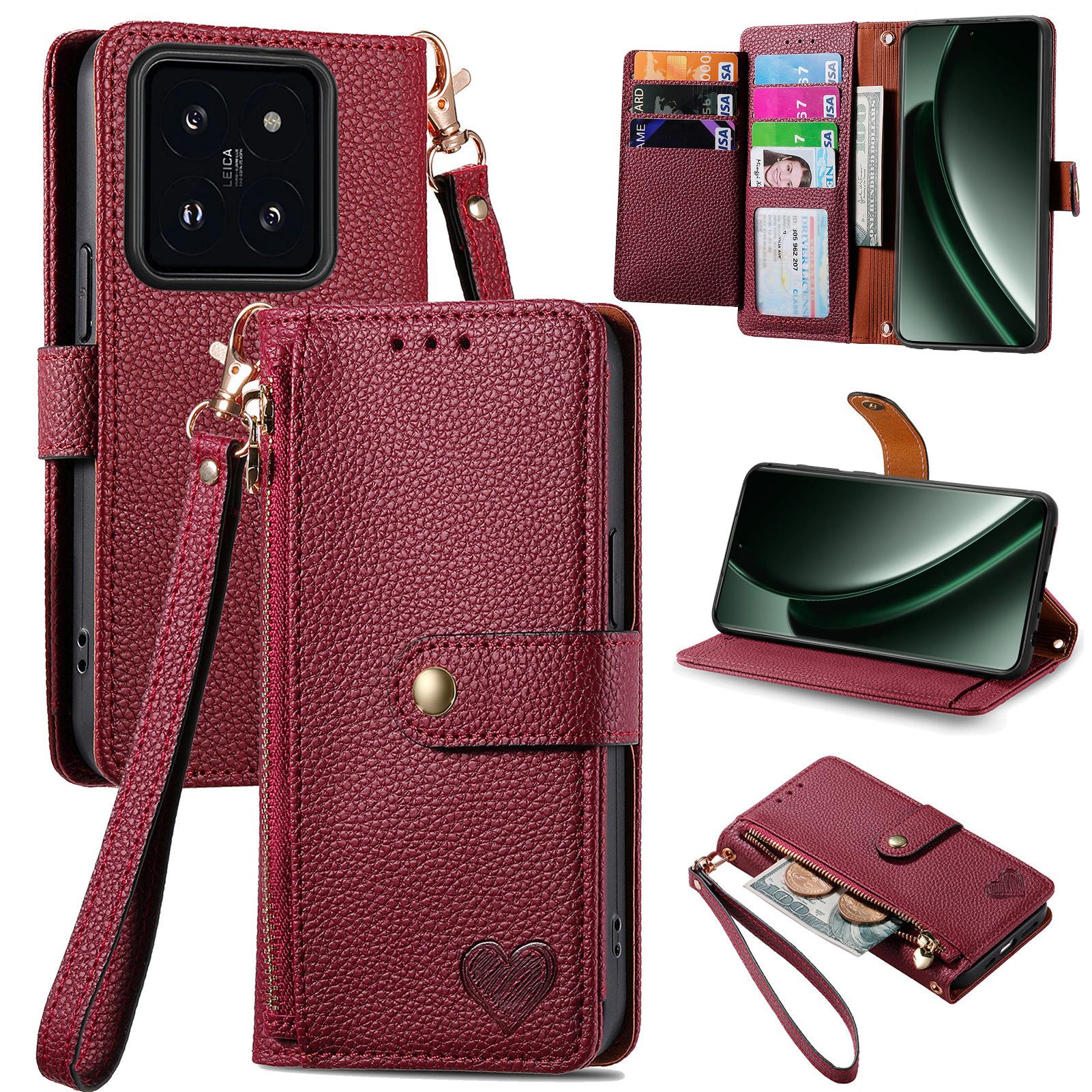 

Чохол для Xiaomi 14T Pro з RFID-блокуванням, кишеня на блискавці, шкіряний гаманець, чохол для телефону з ремінцем Red