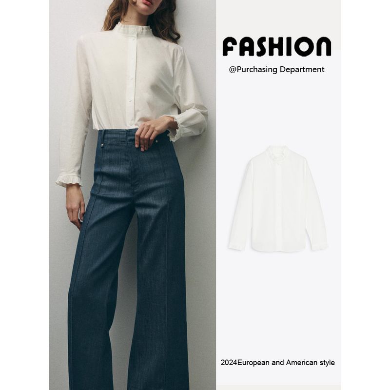 Za2025 Spring New Women's Clothing Minimalist Easiest for Match Pure Color Long Sleeves Casual Spinning Laminated Decoration Shirt 4786060