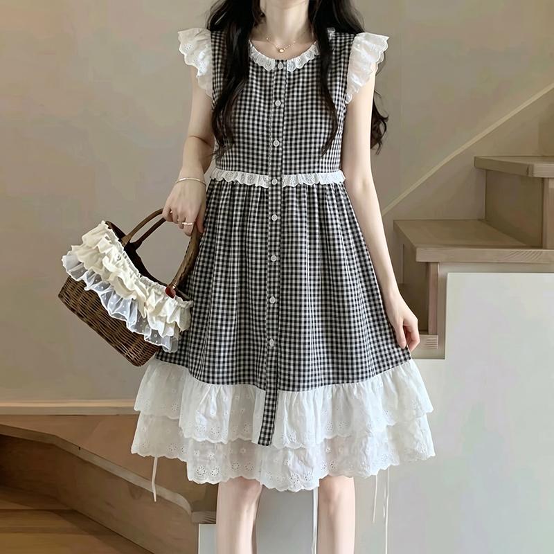 ZANZEA Women Casual Round Neck Lace Splice Cape Sleeveless Summer Plaid Print Dress M