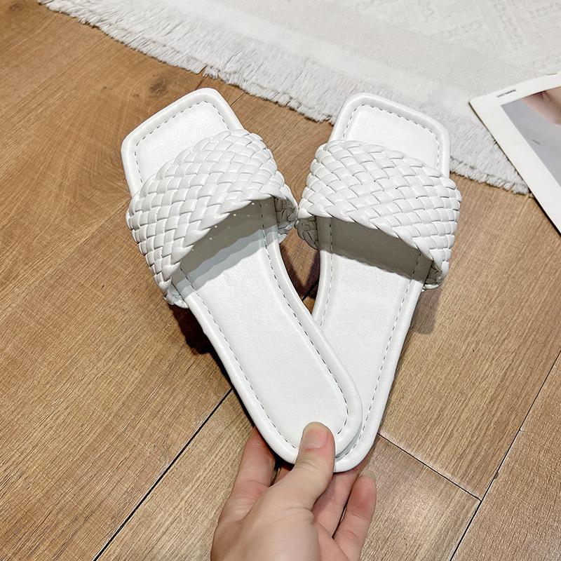 Large Size Flat-bottomed Slippers Women's Outer Wear Casual Simple Solid Color One-word Woven Belt Women's Slippers Slippers