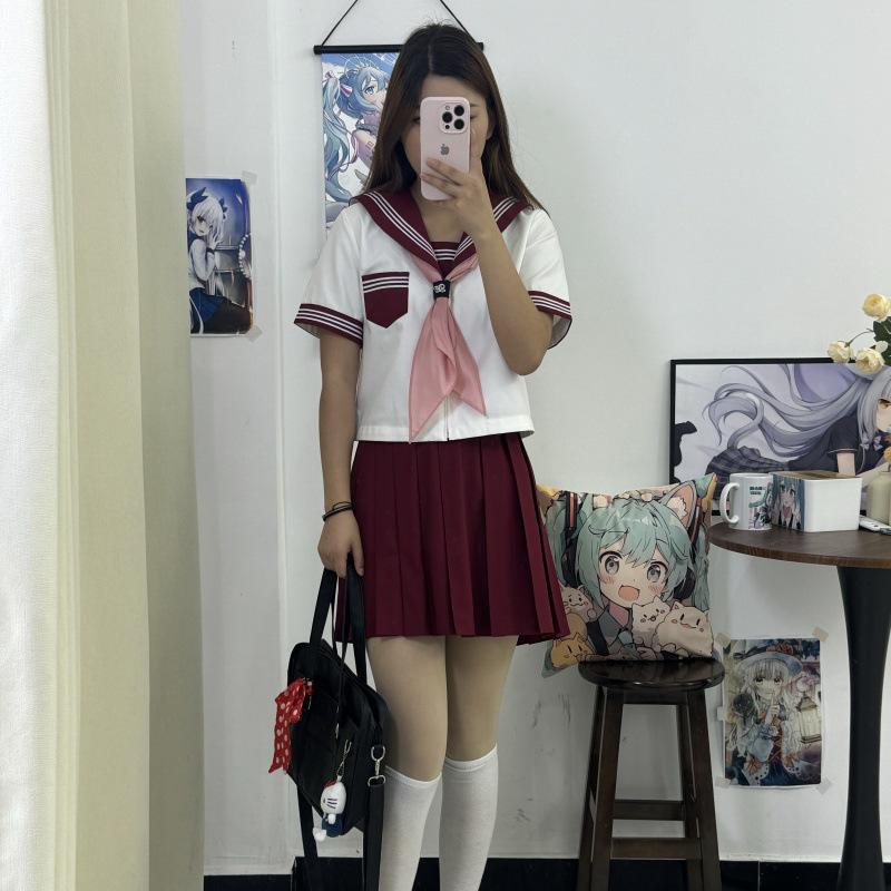 Authentic Japanese Sailor Suit: Red Collar, White Three-Stripe Academy Style School Uniform Costume Set for Women