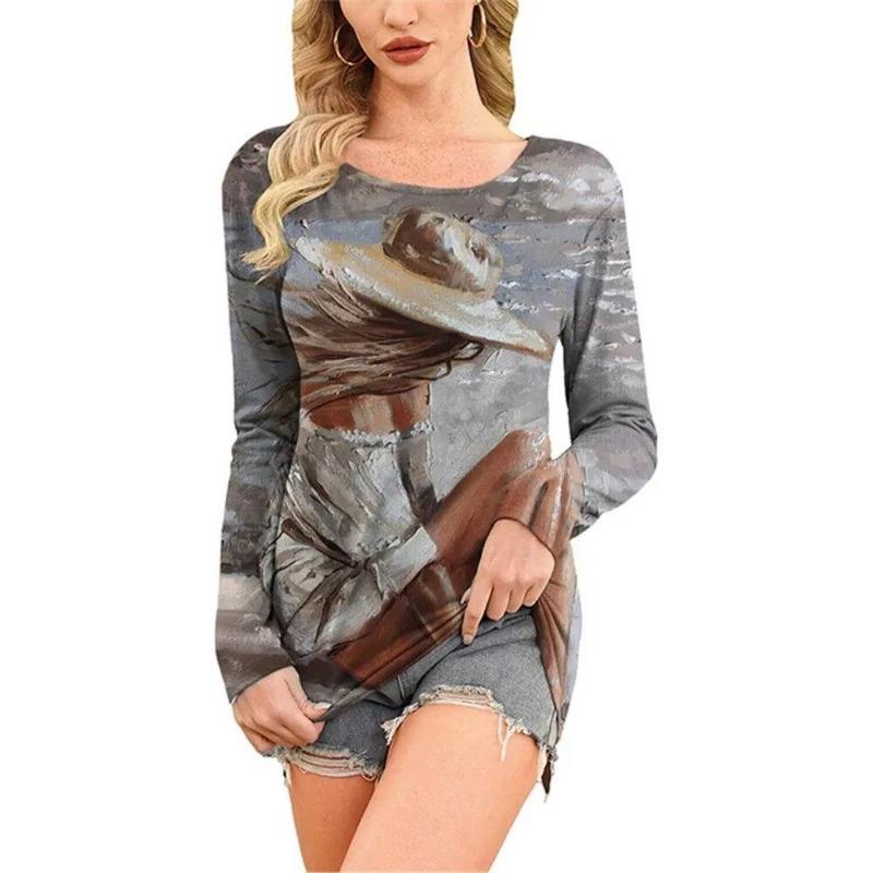 European and American Fashion Oil Painting Style Printed Casual Long Sleeved T-shirt O Neck Oversized Tees Tops Women's Clothing