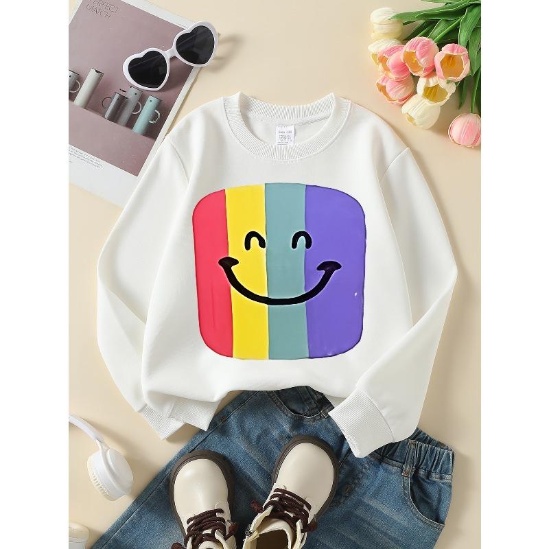 European sizes Kids' Crewneck Sweatshirt Colorful Striped Smile Face Pattern , Sportswear And Casual Wear, Soft And Comfortable, Children's Clothing