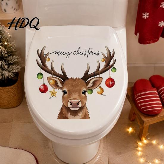 Removable PVC Wall Art Christmas Elk Toilet Seat Cover Sticker Cartoon Reindeer Lid Waterproof Glass Stickers Decal Self-Adhesive Bathroom