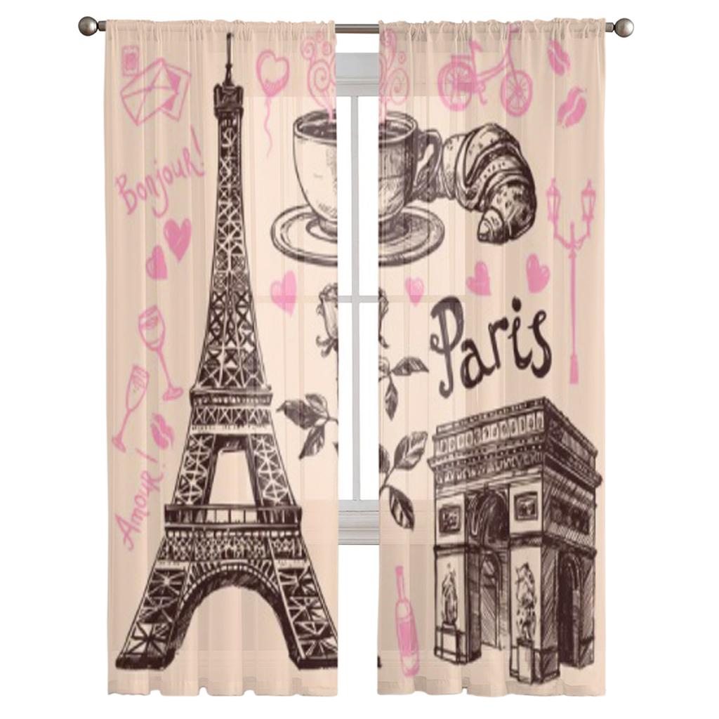 Paris Eiffel Tower And Bakery Chiffon Sheer Curtains for Living Room Bedroom Kitchen Decoration Window Voiles Tulle Curtain