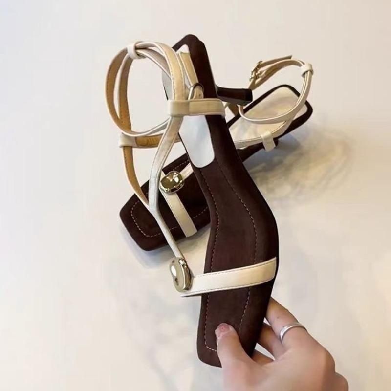 Fashion Retro Soft Leather, Summer Roman Shoes, Fairy-style Metal One-strap Square Toe High-heeled Sandals