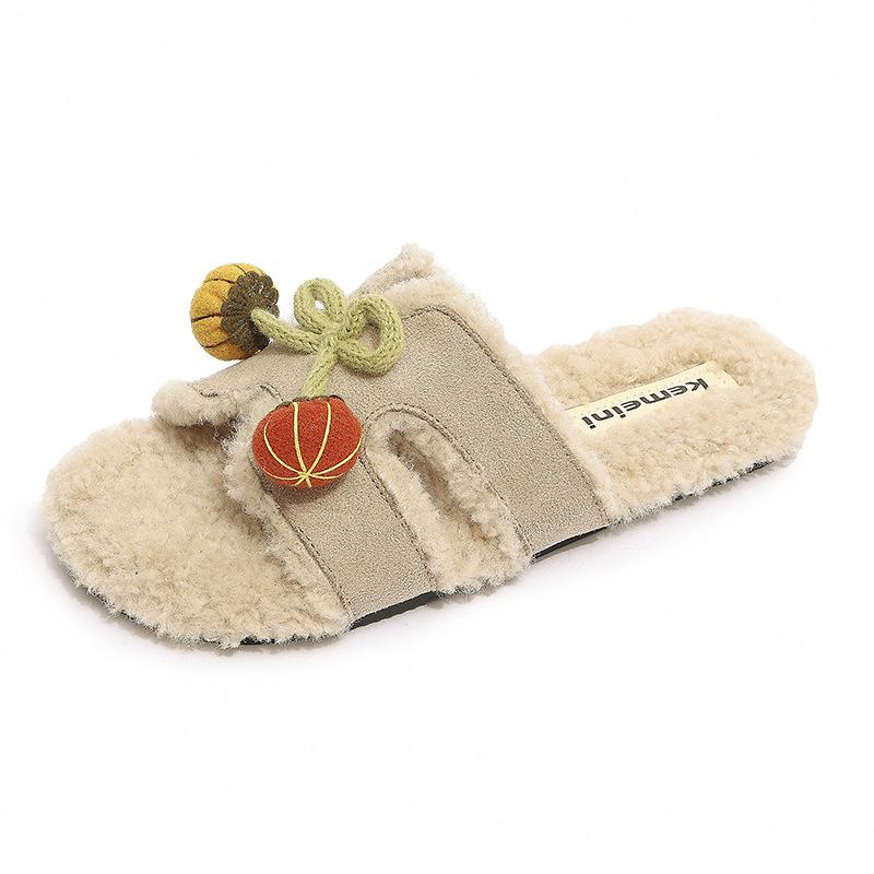 Fashion versatile cute cartoon girl one-word fluffy slippers women's 2025 autumn and winter new home thermal cotton slippers