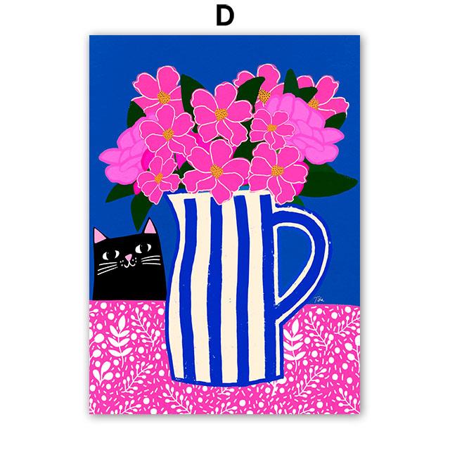 Boho Abstract Girl Vase Flower Black Cat Illustration Wall Art Canvas Painting Nordic Poster & Prints Pictures Living Room Decor