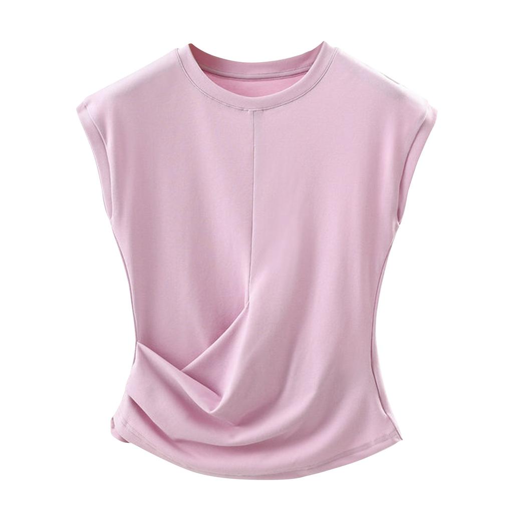 Dámské módní jednobarevné tričko s kulatým výstřihem, skládané tričko, vesta